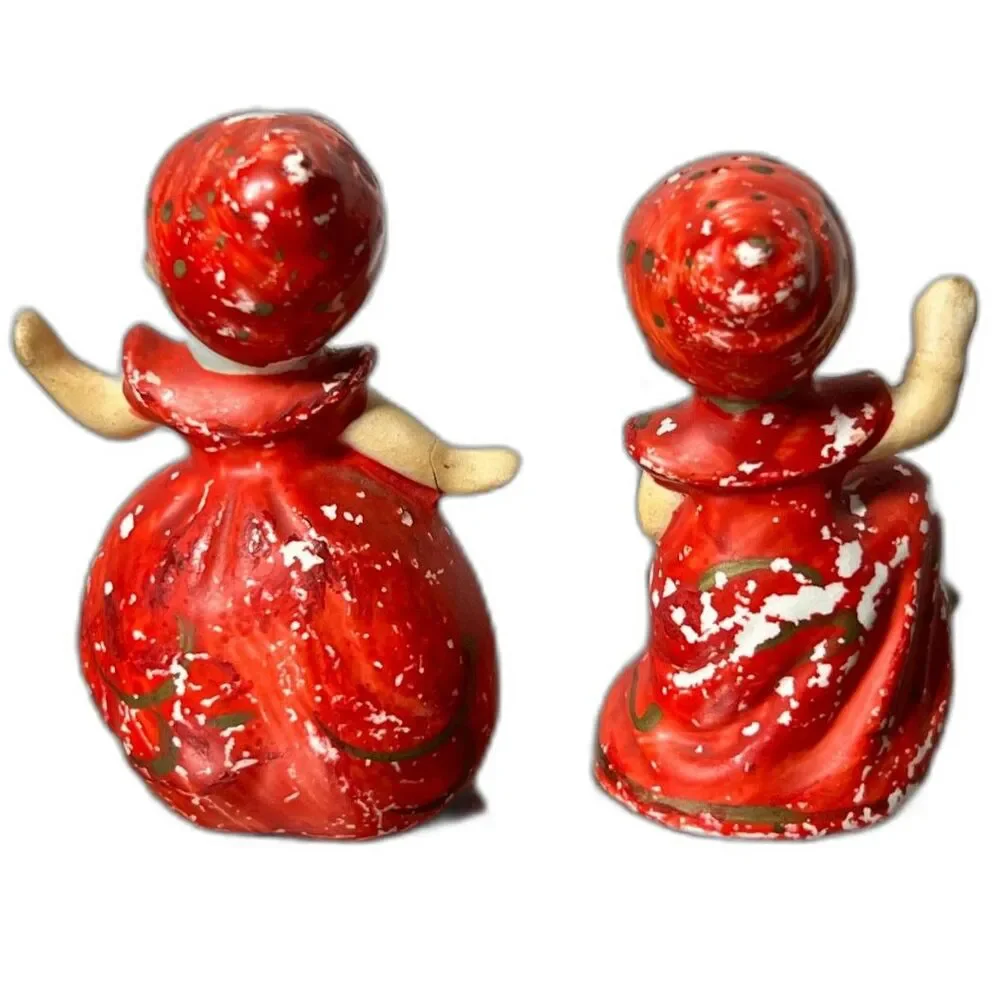 Vintage 1950s Japan Red Girl Figurines Salt Pepper Shakers Hand Painted w/ Corks